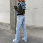 Losse casual wassing denim patchwork hoodie