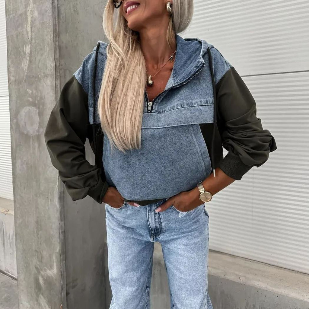 Losse casual wassing denim patchwork hoodie