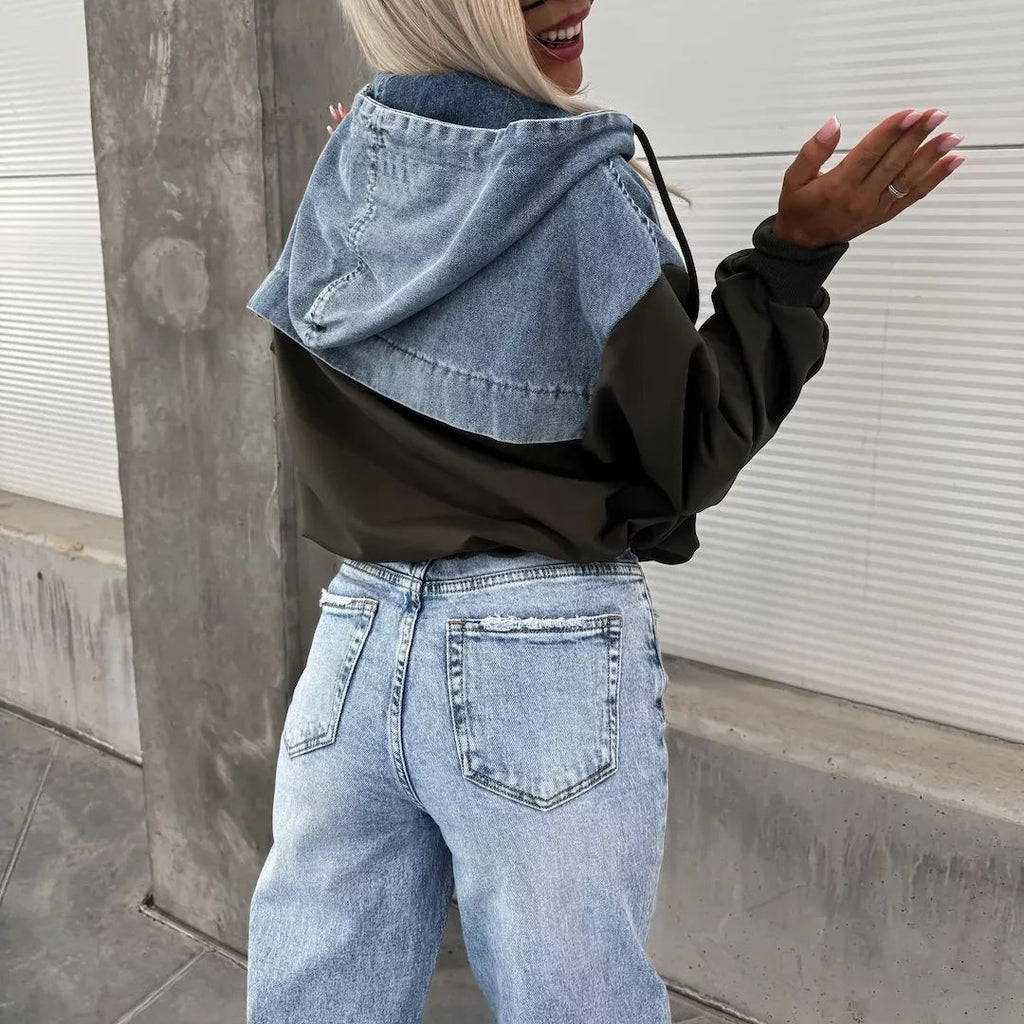Losse casual wassing denim patchwork hoodie