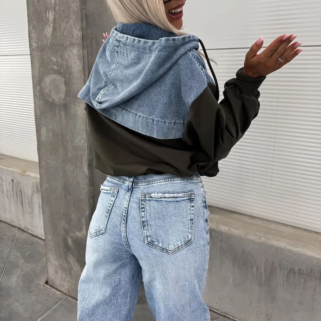Losse casual wassing denim patchwork hoodie